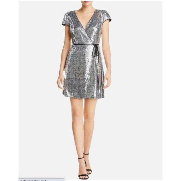 AQUA NWT Silver Sequin Mini Party Cocktail Wrap Dress // S - Picture 1 of 15
